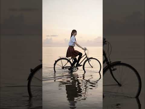 ワンピースの青雉のように海の上で自転車に乗っている女子高生