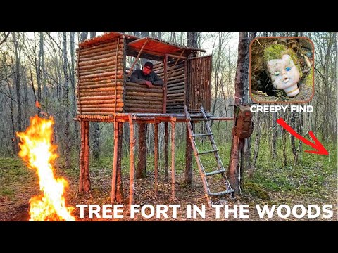 Solo Overnight Building a Tree Fort In The Woods and Cheesy Bacon Potatoes and Ribeye In a Skillet.