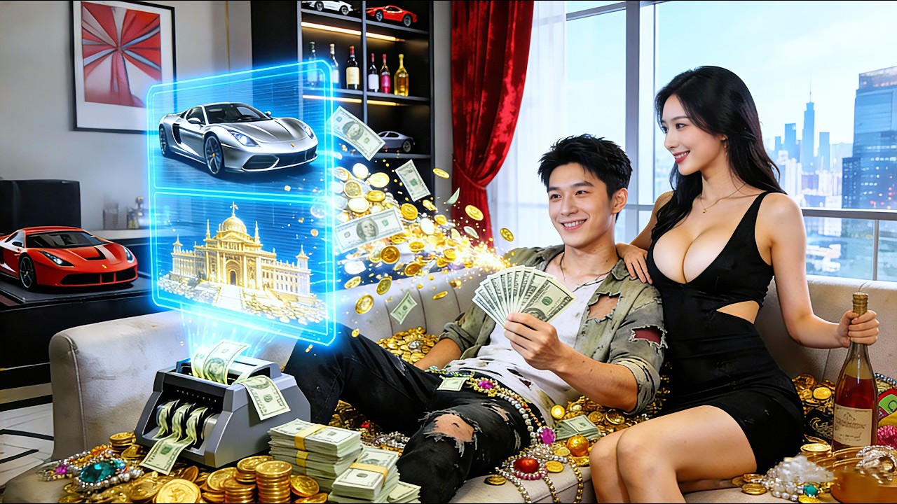 Ele, pobre, ativa sistema de imprimir dinheiro! Carros, mansões, beldade — riqueza total!