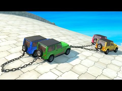 Beamng Drive - Chained Cars High Speed Downhill Jumps