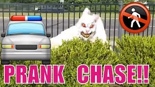 SCARY BUNNY in PUBLIC PRANKS PEOPLE!!... POLICE CHASE!! GAME PLAY STEALS SCOOTER, THIEF!
