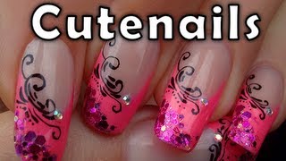 Pink french manicure with arabesque designs by cute nails