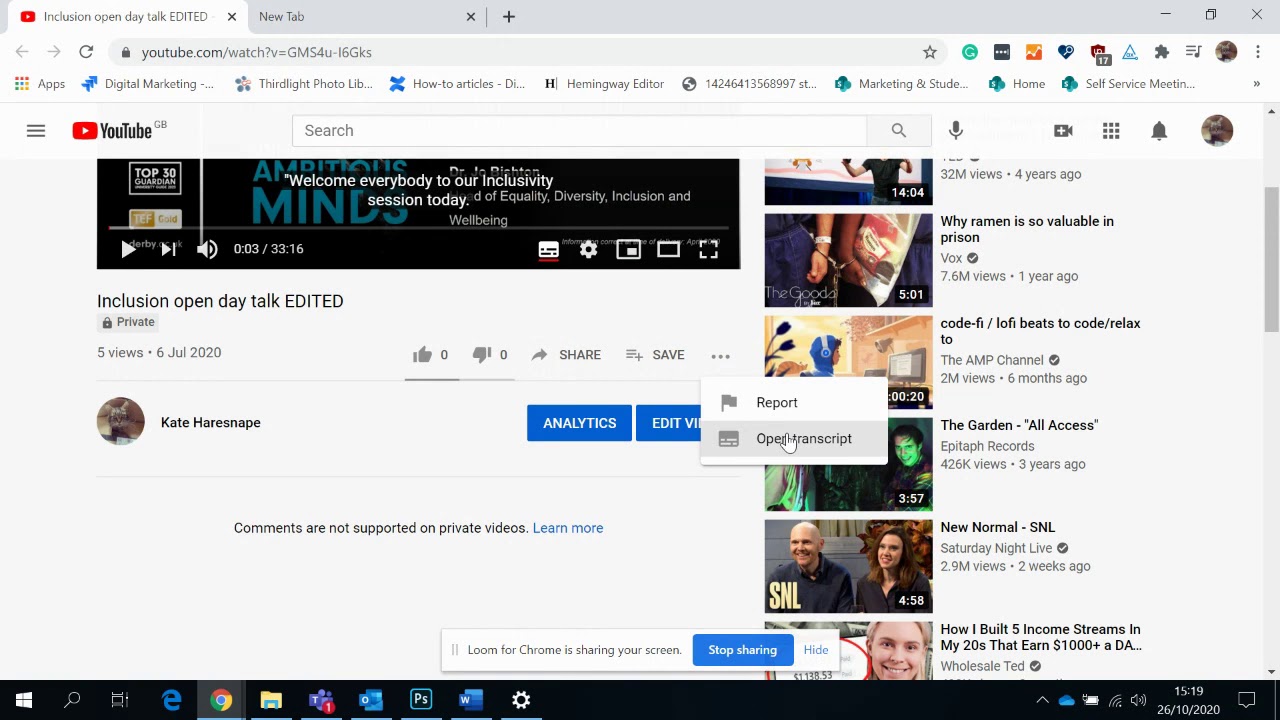 How to open a transcript and toggle timestamps in Youtube