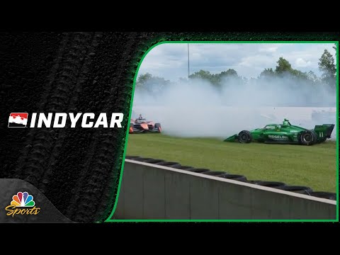 Linus Lundqvist hit by Marcus Armstrong on Lap 1 of IndyCar GP at Road America | Motorsports on NBC