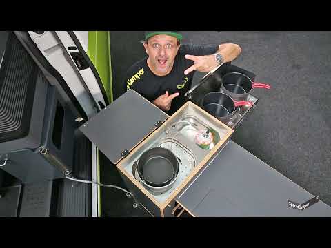 SpaceCamper Ausbau ClassicOpen 2022 - Outdoorküche mit 3 Kochstellen - T6.1 Camper zwei Schiebetüren