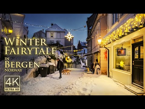 Winter Fairytale in Bergen | Atmospheric 4K Walking Tour | Binaural Audio for Relaxation