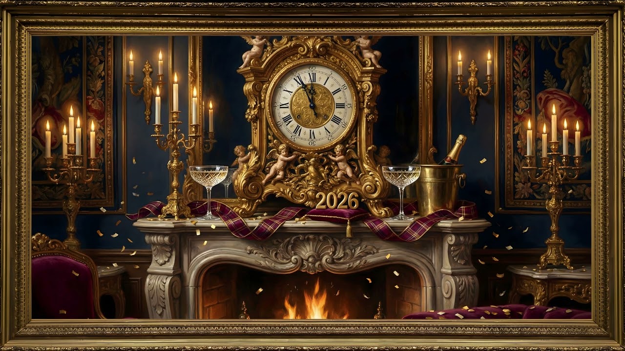 Midnight Countdown NYE Fireplace Gold Frame TV | 2 Hours 4K — 4K ambient art screensaver in baroque gold frame