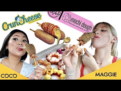 KOREAN CORN DOGS AND MOCHI DONUTS MUKBANG & ASMR REVIEW (CRUNCHEESE AND MOCHI DOUGH)