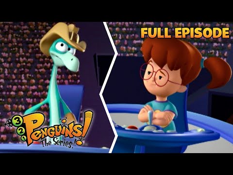 Split-screen thumbnail: left—green dinosaur in a hat; right—girl with glasses at a control console; 'FULL EPISODE' caption.