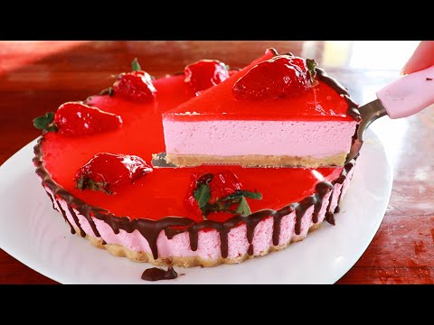 Tarta fría de 3 ingredientes! Tarta de queso y fresa 🍓 SIN HORNEAR!!!!!