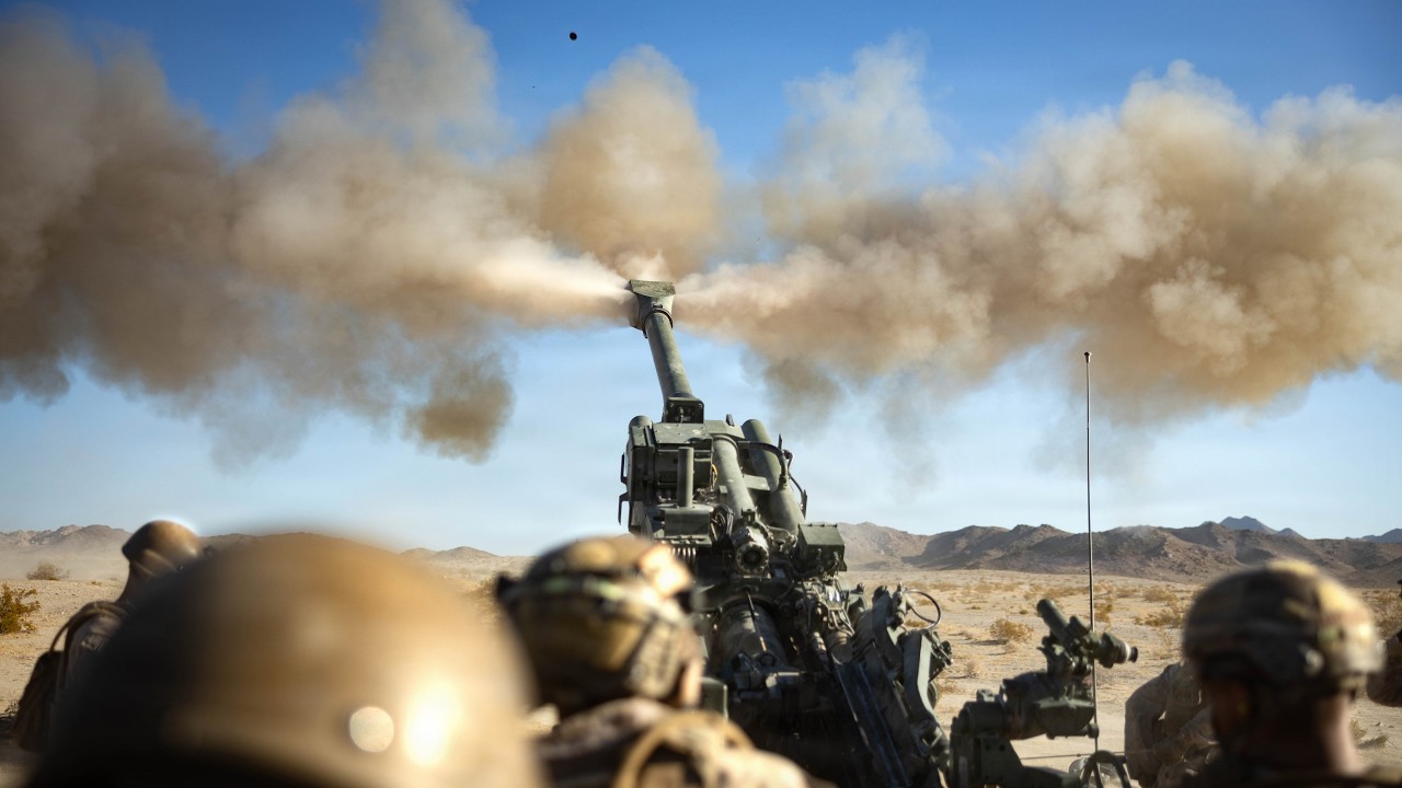 US Marines 1st Battalion 11th Marine Regiment Artillery Battery Movement to Contact Live Fire Ex