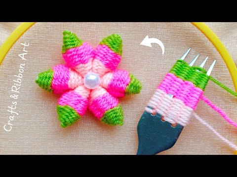 It's so Beautiful 💖🌟 Superb Woolen Flower Making Trick with Fork - DIY Amazing Woolen Flower Design