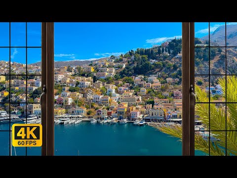 4K coastal town Symi, on an island north of Rhodes in Greece window view - Relaxing, Calm, Ambience