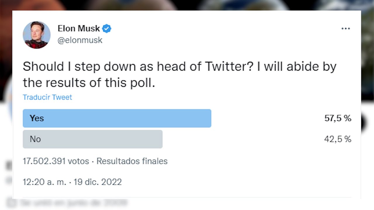 El 57,5% de los encuestados, a favor de que dimita como CEO de Twitter Elon Musk