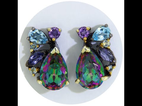 Cercei Stud Argint 925 Rodiu Negru Accente Aurite Topaz Mistic Ametist Naturale
