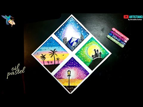 4 Type of Scenery Drawing / Easy Oil Pastel Drawing for Beginners / Step by Step
