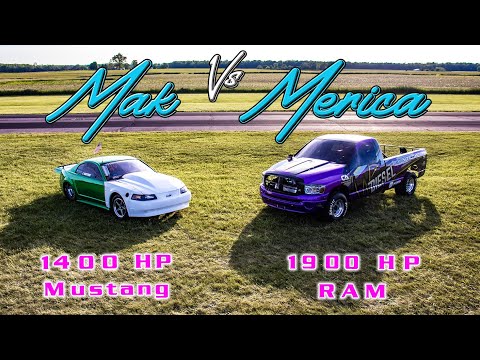 4WD Turbo Diesel Truck Races Twin Turbo LS Mustang : MAK vs Merica