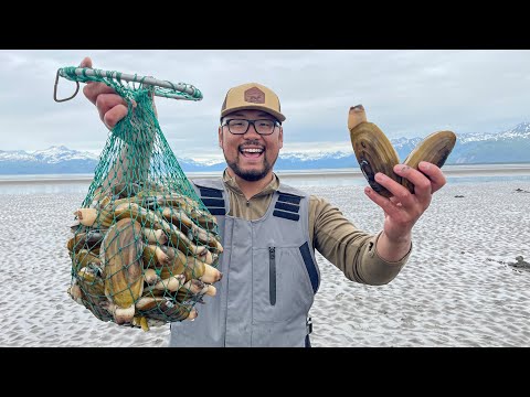 GIANT Alaska RAZOR CLAMS Catch Clean Cook! (Ocean Foraging)