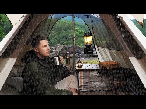 SOLO CAMPING in RAIN [ cosy relaxing Tent Tarp Shelter, comfort food, ASMR ]