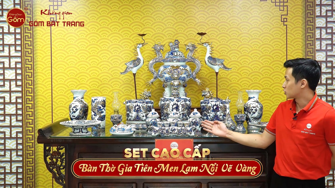 Bộ Đồ Thờ Gia Tiên (Cao Cấp 17 Món) Men Lam Nổi Vẽ Vàng