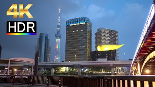 Summer Night Walk Along Sumida River Tokyo Japan  4K HDR