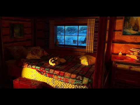 Cozy Winter Hut Ambience with Cat - Snowstorm and Crackling Fireplace Sounds