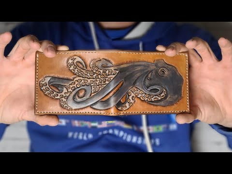 Making a vegetable tanned Leather Wallet with a Tooled and Painted Octopus
