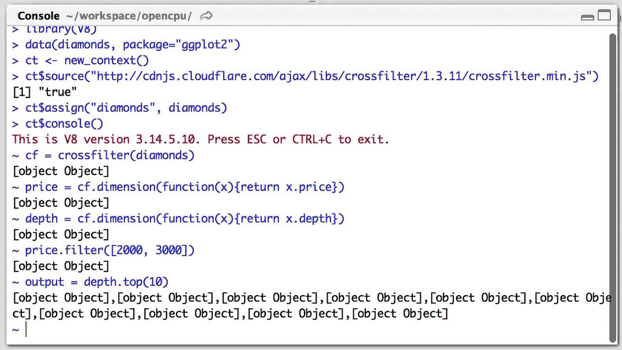 Interactive JavaScript in R with V8: a crossfilter example