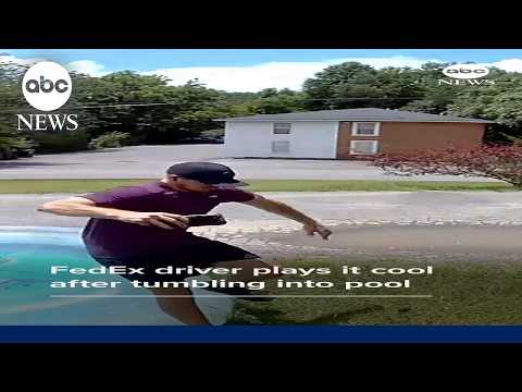 FedEx driver plays it cool after tumbling into pool