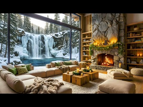 Soothing Winter Jazz Music | Cozy Living Room Ambience with Snowfall Forest Waterfall and Fireplace🔥