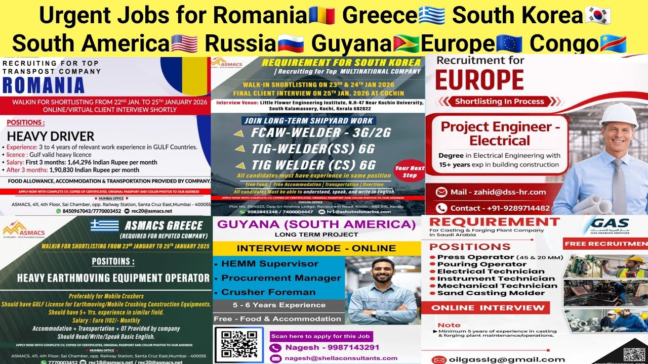 Urgent Jobs for Romania🇷🇴 Greece🇬🇷 South Korea🇰🇷 South America🇺🇸 Russia🇷🇺 Guyana🇬🇾Europe🇪🇺 Congo🇨🇩