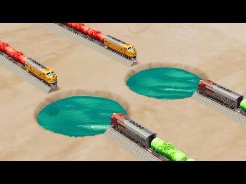 Impossible Double Giant Pothole Rail Tracks Vs Trains Crossing Deep Water- BeamNG.Drive
