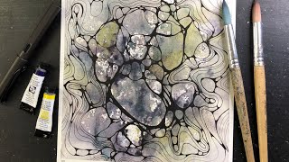Relaxing Abstract WATERCOLOR & Neurographic Inspired Ink Lines - 395