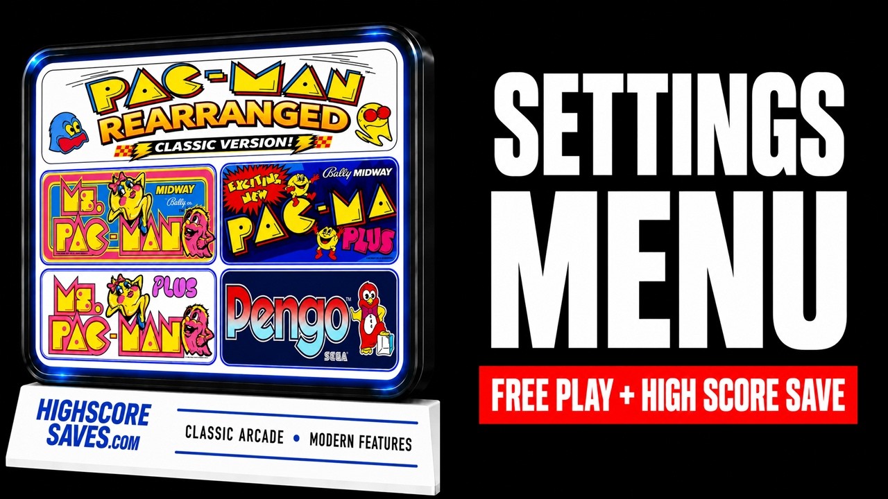 Pac-Man Rearranged Multigame Free Play and High Score Save Kit settings menu video preview