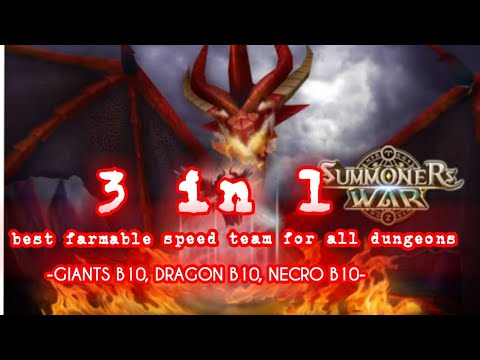 Summoners War: ONE farmable team all 3 dungeons ( giants b10 dragons b10 necro b 10) speed team!!