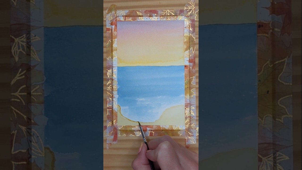 simple watercolor sunset ocean beach scene