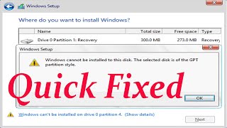 Download the video "How to Fix Windows cannot be installed to this disk. The selected disk is not of the GPT partition."