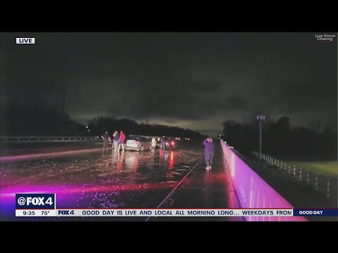Cars stuck in high water on bridge as severe weather passes North Texas