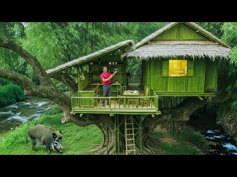 Survival Build Two-Story Bamboo House | Jungle Kitchen Beside the River & Wild Boar Appears