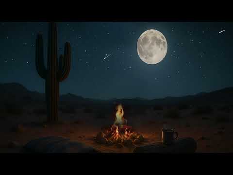 Desert Campfire Under the Full Moon | Night Ambience with Crackling Fire & Starry Sky