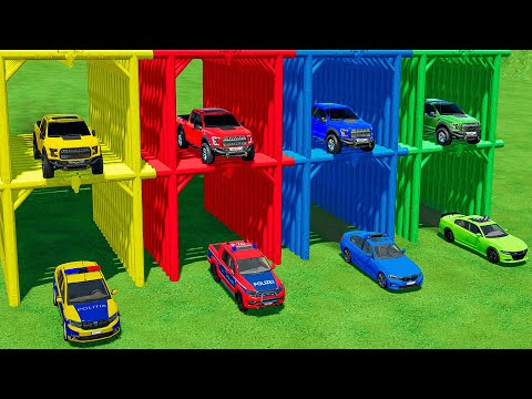 LOADING ALL POLICE CARS & FORD RAPTOR PICKUP on COLOR MERCEDES ELECTRIC TRUCKS! Farming Simulator 22