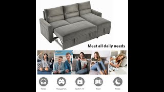 82.5 Reversible Pull Out Sleeper Sectional Storage Sofa Bed with 6 Side pockets
