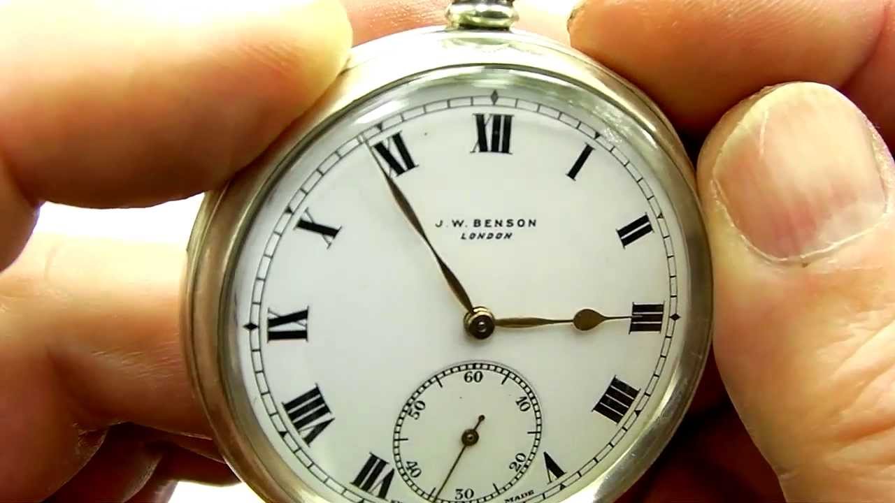 Vintage Art Deco 1937 J.W. Benson Sterling Silver Pocket Watch + Original Case