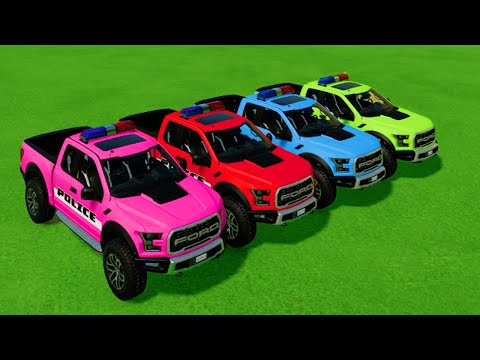 TRANSPORTING VOLKSWAGEN POLICE CARS WITH ISUZU COLORED TRUCKS - Farming Simulator 22