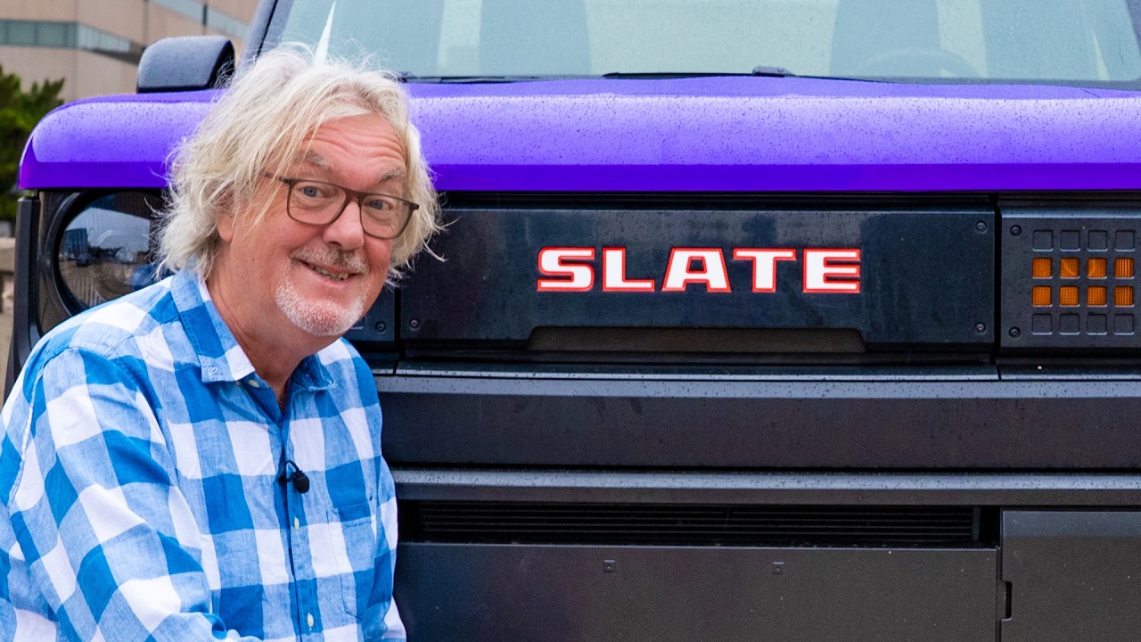 Slate electric pickup truck in dark gray