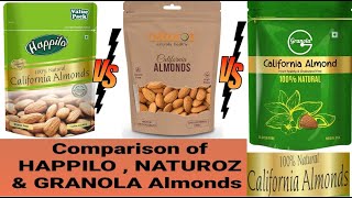 Best #Almond brand online, Comparison of #HAPPILO, #NATUROZ & #GRANOLA  almond