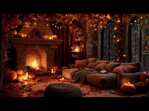 Enchanting Autumn Night Ambience 🍁 Fireplace Crackle, Gentle Rain & Cozy Fall Vibes