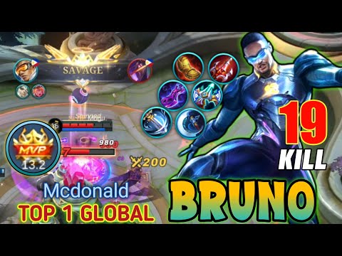 SAVAGE 19 KILLS BRUNO JUNGLER !! BRUNO BEST BUILD, Top 1 Global BRUNO Gameplay 2023 - Mobile Legends