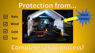 SUV camping tarp shelter setup for no build camper - full setup process