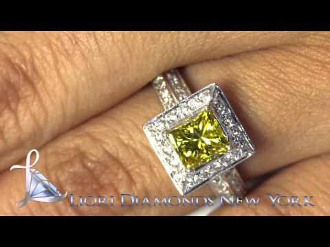 FD-007 - 2.04 Carat Fancy Yellow Princess Cut Diamond Engagement Ring 18k Pave Halo